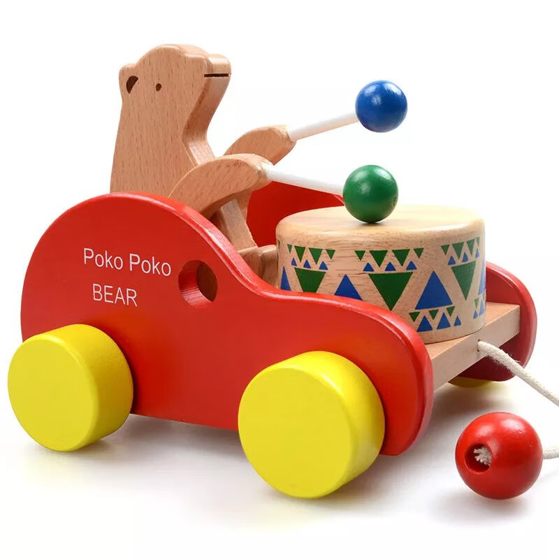 木制儿童小拉车玩具手拉车拖行玩具拖拉学步木制拉绳毛毛虫 小熊拉车