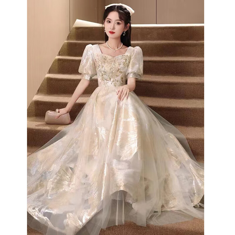 麥斯貝思晚禮服女高端宴會氣質(zhì)輕奢小眾高端聲樂藝考年會主持人連衣裙冬 香檳色 2XL