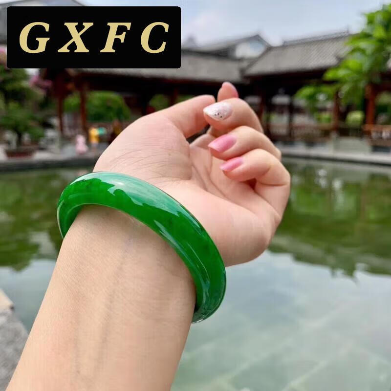 gxfc绿翡翠手镯老坑玉石满绿辣绿正圈玉镯子玉器证书 5.4cm