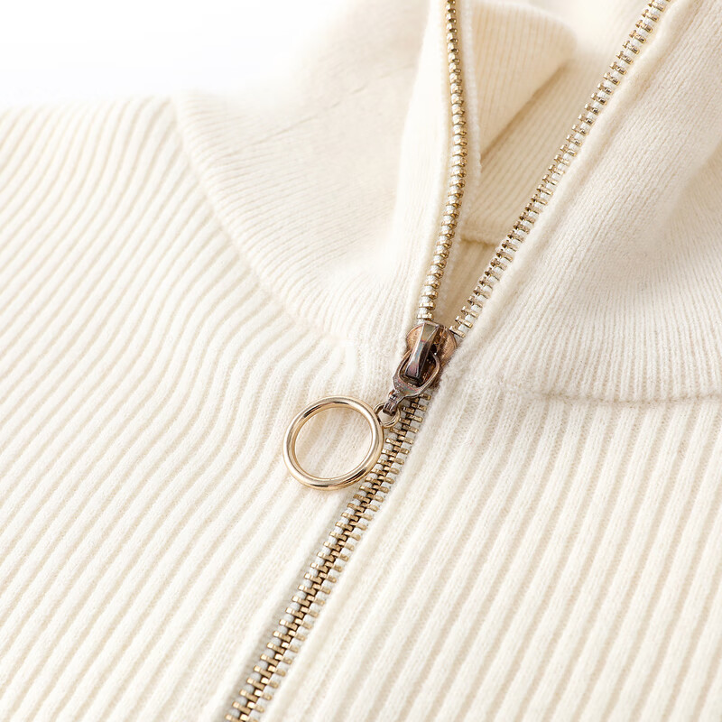 恒源祥弹力修身羊毛衫女秋季新款拉链翻领套头毛衣休闲纯色内搭针织衫女 奶白色 165/88A/M