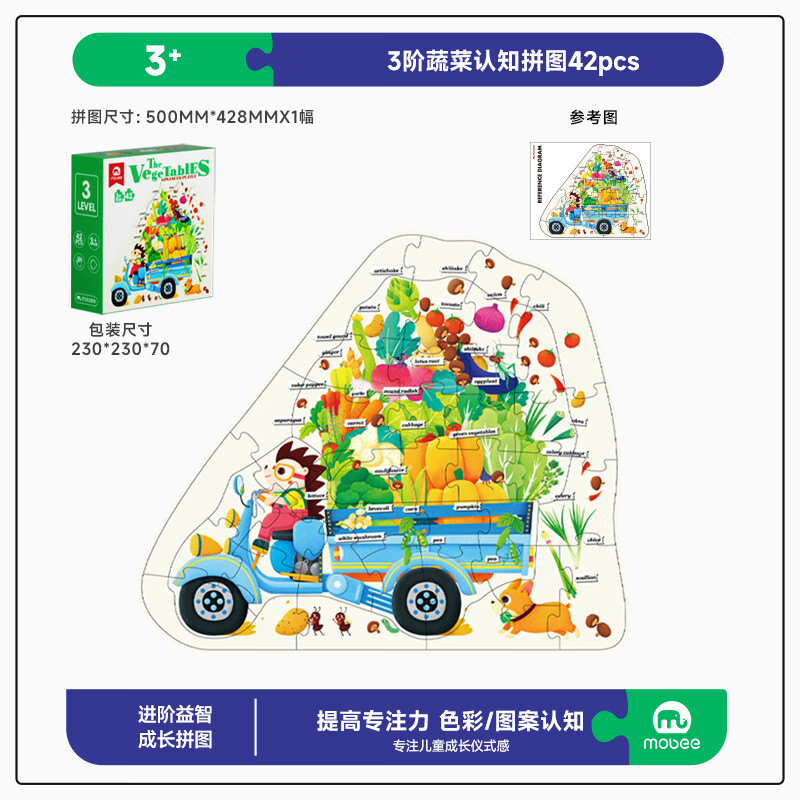 mobee拼图3-6岁幼儿进阶纸质大块早教玩具7-10岁4男女孩5宝宝儿童拼图 3阶-蔬菜认知（适合3-4岁）