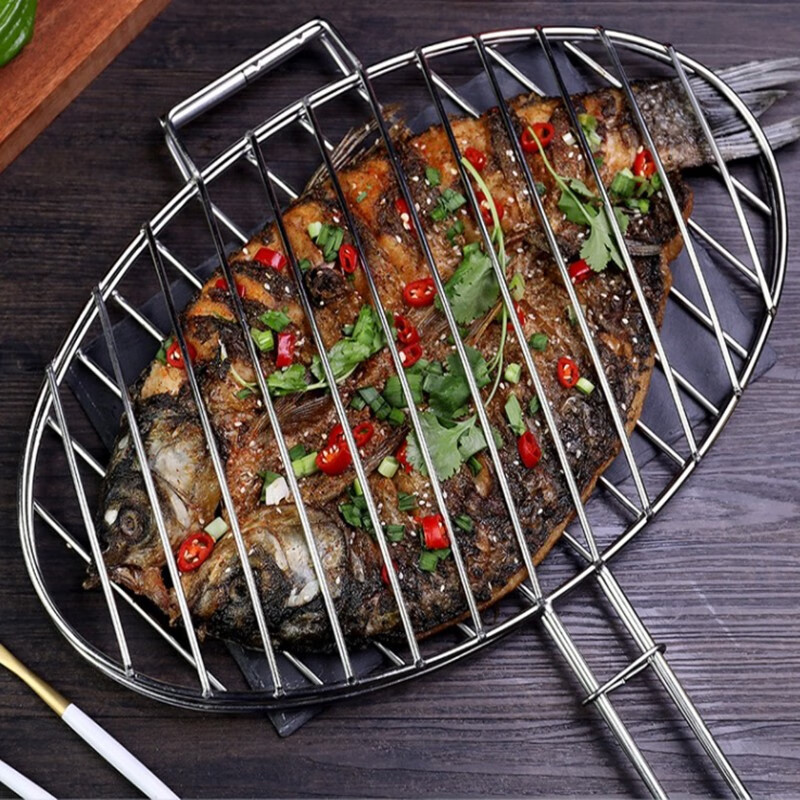 领振(lingzhen)不锈钢烤鱼夹子商用加粗烤鱼夹板工具大号烧烤夹圆形