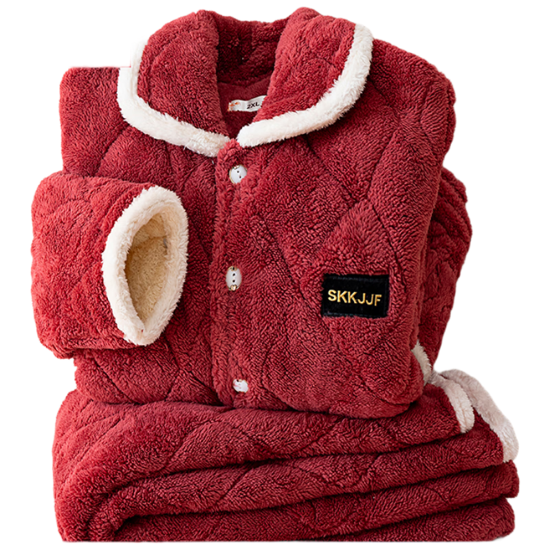 北極絨睡衣女冬季保暖加絨加厚本命年抗寒三層夾棉珊瑚絨高端家居服外穿