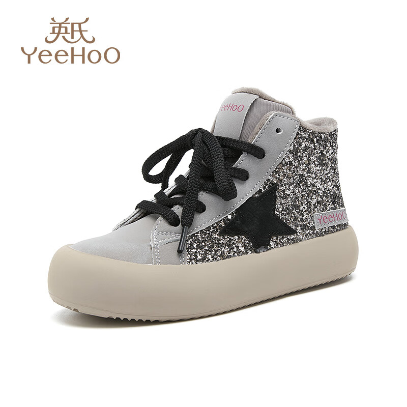 英氏（YEEHOO）童鞋儿童秋冬季轻便加绒保暖软底帆布鞋中大童运动鞋子板鞋男女童 银色 33