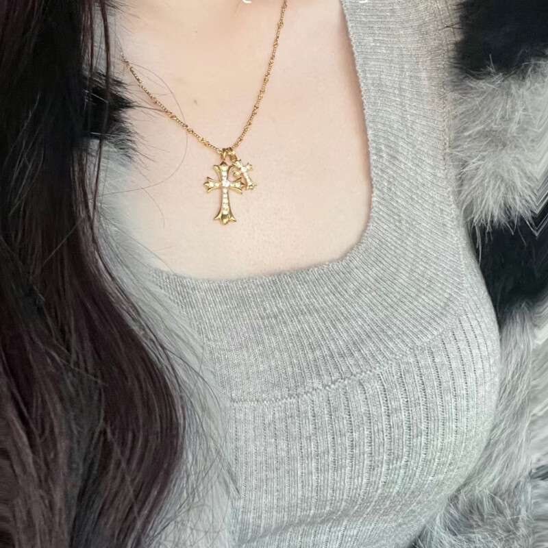 胖东来同款双十字架项链休闲潮牌镀金镶钻男女同款网红不掉色 金色十字架镶钻