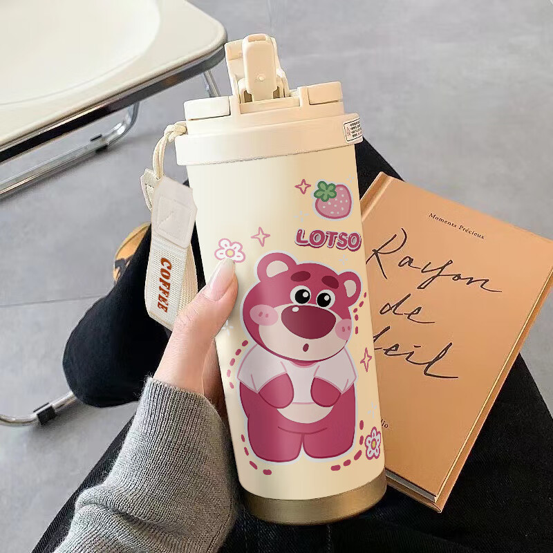 迪士尼（Disney）草莓熊學(xué)生女款吸管杯運(yùn)動(dòng)大容量保溫杯車載水杯保冷杯雙飲咖啡杯 CKY301草莓熊lotso 316內(nèi)膽520ML-配掛繩