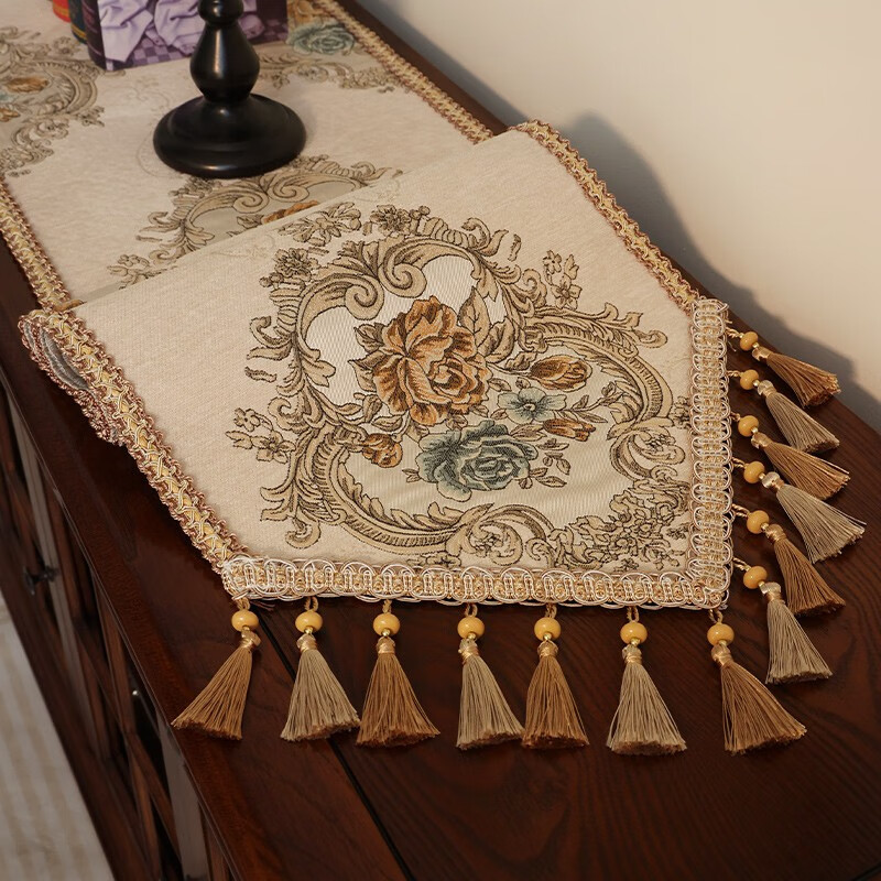 乐唯仕美式桌旗轻奢高端餐桌旗布高级感长条茶几布欧式餐边柜斗柜盖布巾 塞纳花园-米(高定款) 35cm*210cm(尺寸包含吊穗)