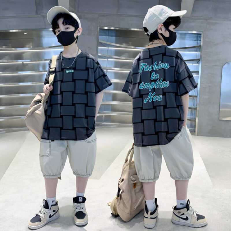 奥米鼠童装男童短袖套装夏季男孩休闲宽松t恤两件套中大儿童夏装炸街