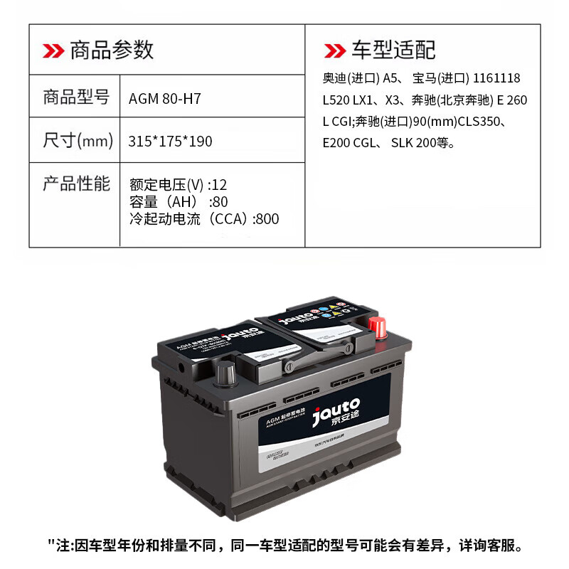 京安途汽车电瓶蓄电池AGM H7 80适配凯迪拉克ATS/XT4/5/6普通版