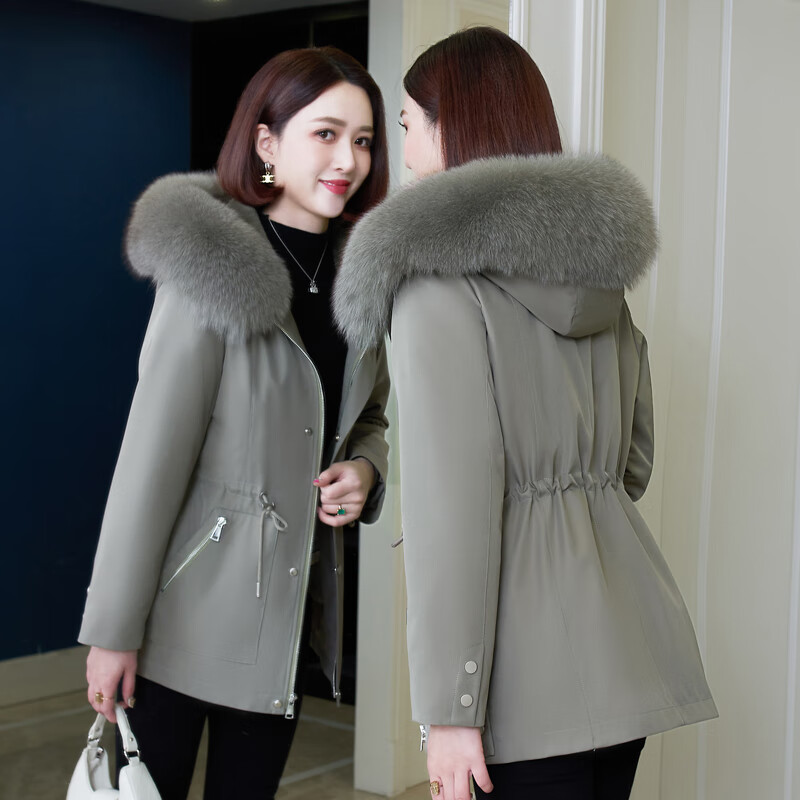 以舟女士派克服可拆卸的羽绒洋气新款冬季獭兔毛内胆短款海宁皮草外套
