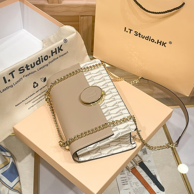 酷奇袋鼠酷奇女包轻奢品牌包包女包新款单肩包斜跨链条包生日礼物包送女友 卡其色