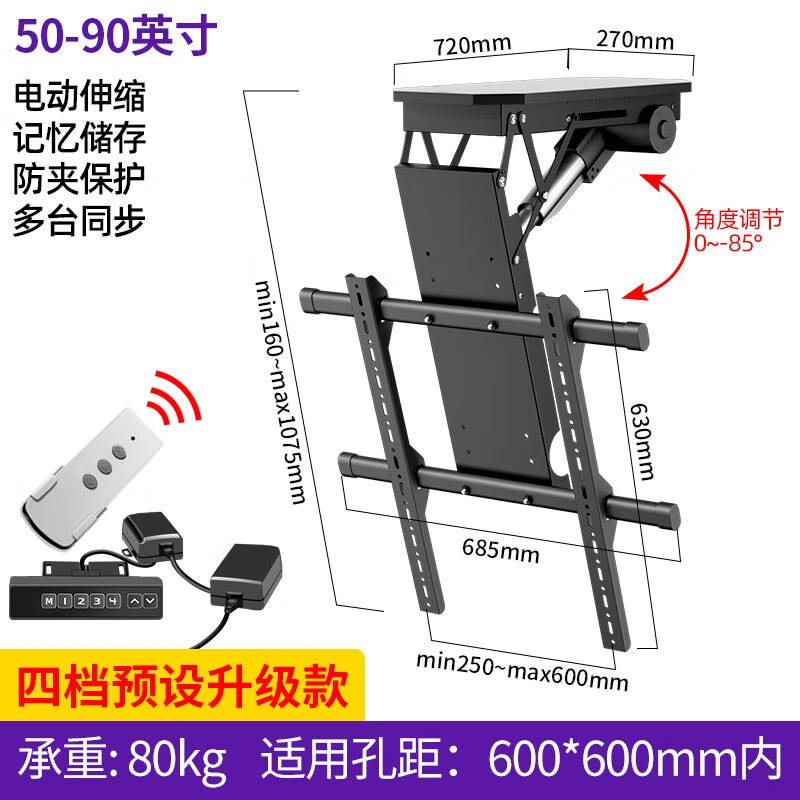 健乐吉50-65-75-86英寸电视电动智能翻转吊顶遥控中控智能家居支架适用于小米 tcl 海信雷鸟 【50-90吋】主图旗舰款