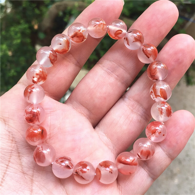 玉美和 南红玛瑙四川凉山九口料高冰飘红草花红白分明冰飘手串佛珠 飘