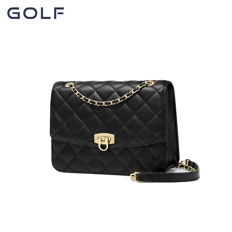 高尔夫/golf包包女斜挎包时尚菱格链条包百搭单肩小方包 优雅黑.