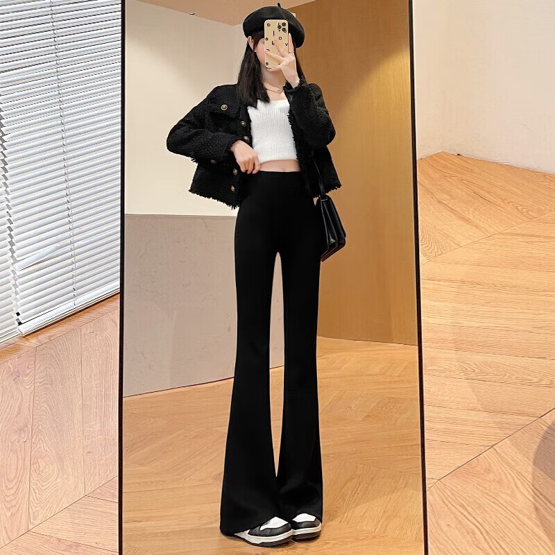 诗莉奥（SHILIAO）紧身修身显瘦显高健身瑜伽舞蹈鲨鱼皮打底外穿加长高个健美裤 黑色【喇叭四季薄款】 1条 L (105-130斤)