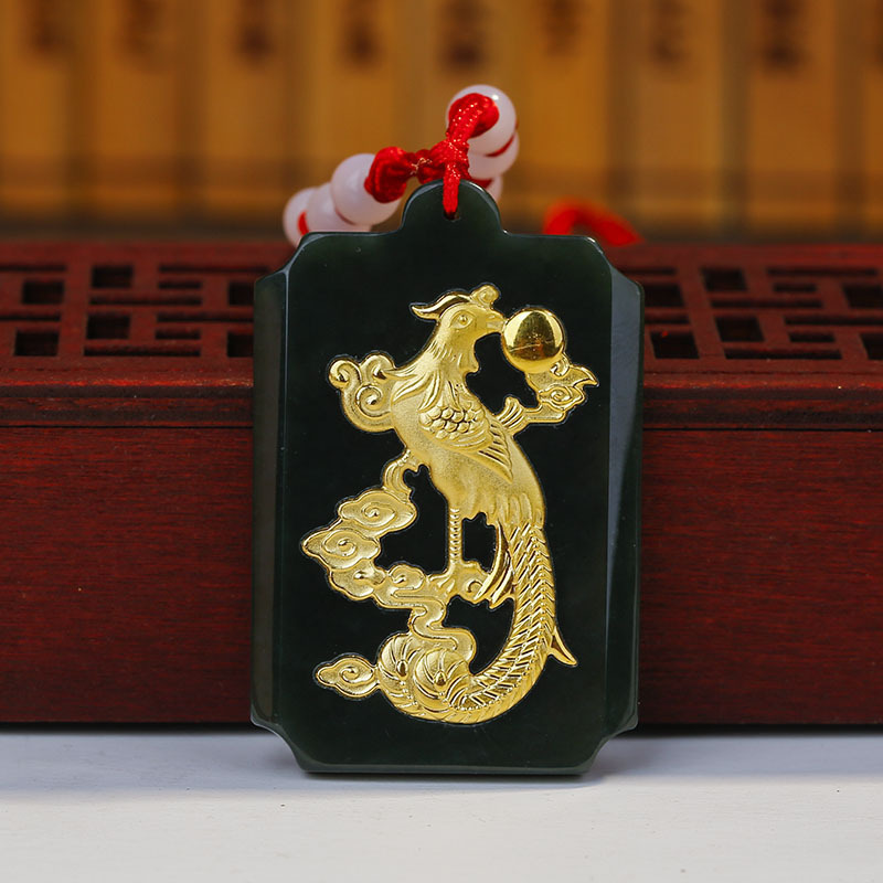 珂米儿黄金999足金和田墨玉牌龙凤氚气吊坠金镶玉4项链 龙型 挂绳