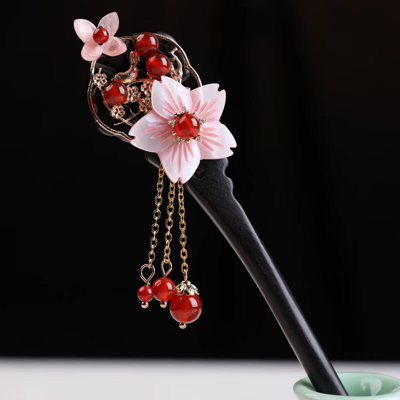 源璐古风发簪女红玛瑙流苏步摇簪子盘发简约丸子头发饰 发簪