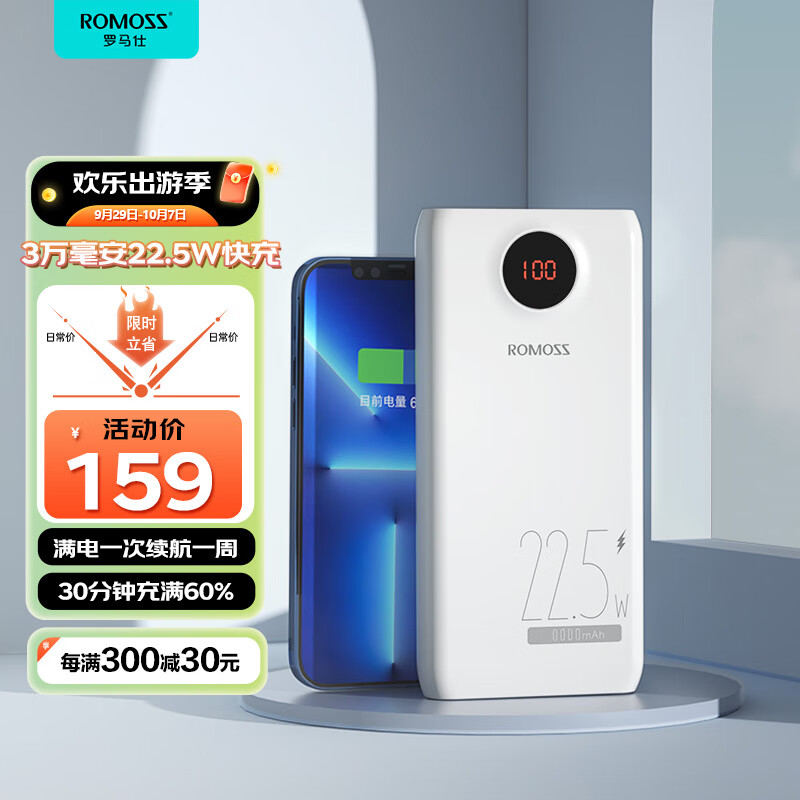 罗马仕30000毫安时22.5W双向快充充电宝大容量智能数显移动电源Type-C PD快充三入三出适用苹果12/13华为小米怎么样,好用不?