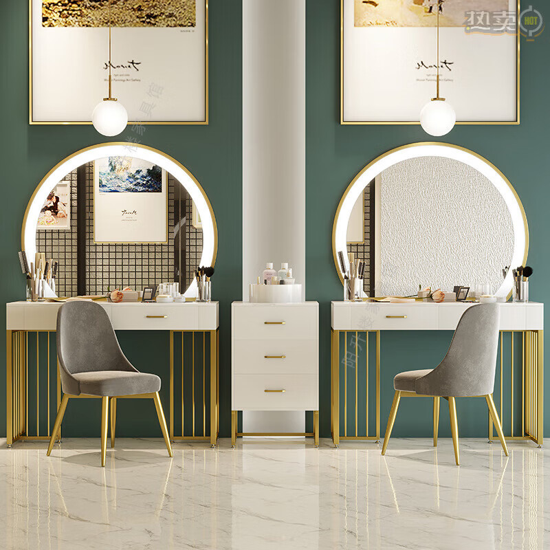 博言网红影楼带灯梳妆台店用大理石化妆桌美容院婚纱店专用化妆台