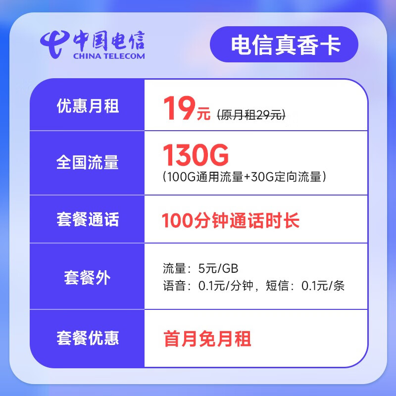 中国电信流量卡手机卡通话卡5G真香卡上网卡流量不限速低月租电话卡 真香卡9元130G+100分钟通话