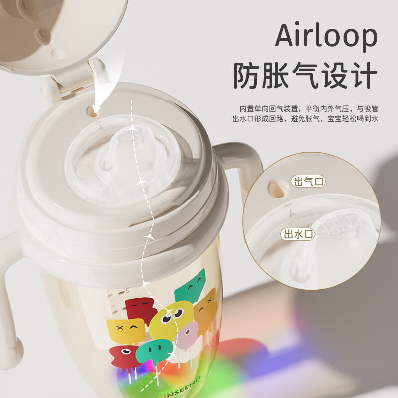爱尼诺(LOVE NINE)彩虹宝宝奶瓶杯婴儿水杯鸭嘴杯水壶奶瓶1岁以上2-3多功能杯学饮杯 简约白 300ml 【鸭嘴杯】