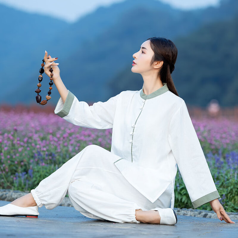 菲奢兰居士服女佛教衣服佛系禅意女装高端棉麻禅服中式唐装 白色 m