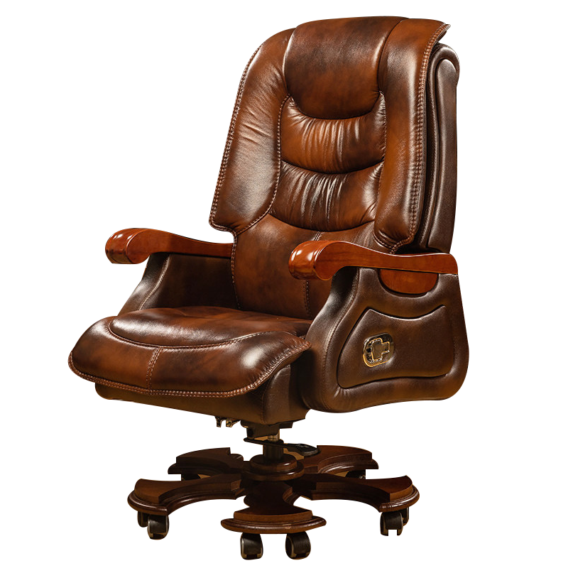 欧宝美老板椅子可躺办公椅牛皮大班椅舒适电脑椅实木商务老板真皮椅家用靠背椅太阳花色带脚托