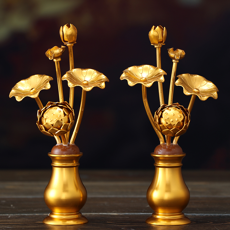 圆通 手工鎏金莲花佛前供佛花假佛堂仿真花束荷花观音花瓶一对客厅