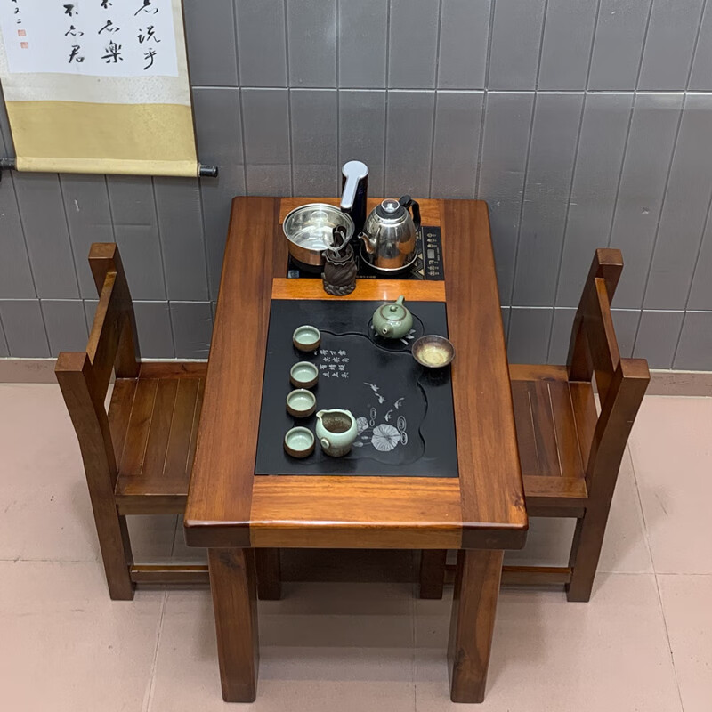 原木家用小户型功夫茶台阳台办公室实木茶几 套装价90cm茶桌 2客椅 整
