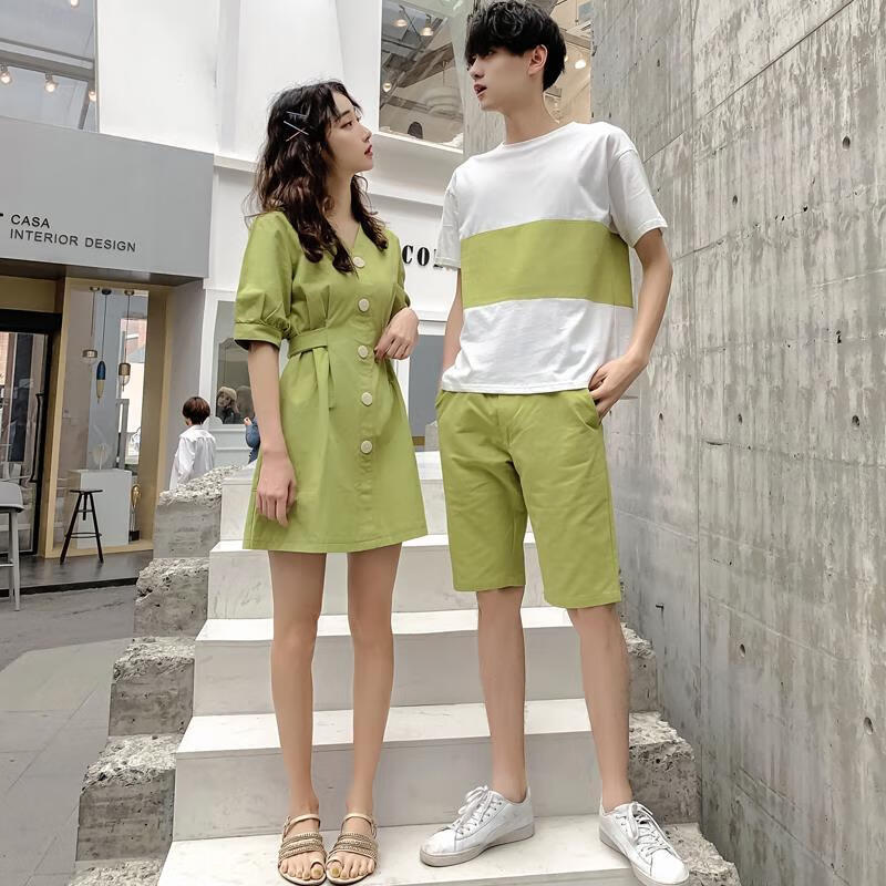 流霞丝语情侣装夏季一男一女套装法式裙子夏装ins不一样的t恤你衣我