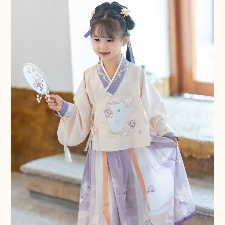迪士尼(disney)汉服儿童玉兔刺绣小孩子汉服女大童春秋薄款小朋友套装