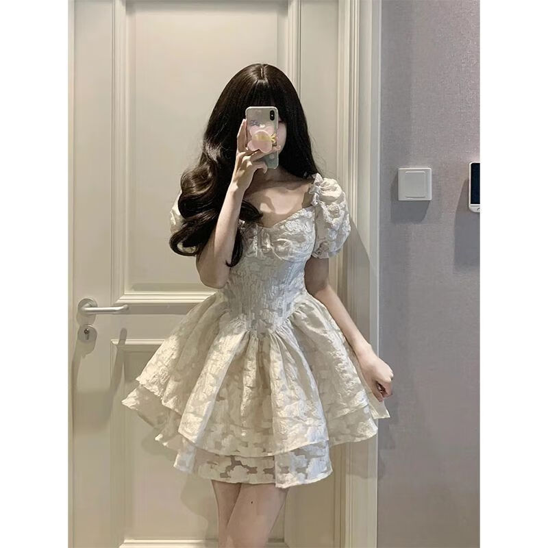 悦娴公主裙裙子2023夏季新款法式泡泡袖白色连衣裙女小个子收腰显瘦蓬