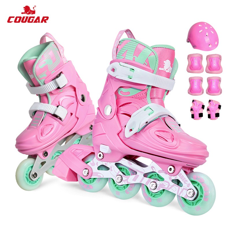 美洲狮(COUGAR)儿童可调四轮全闪轮滑鞋套装 粉色 M