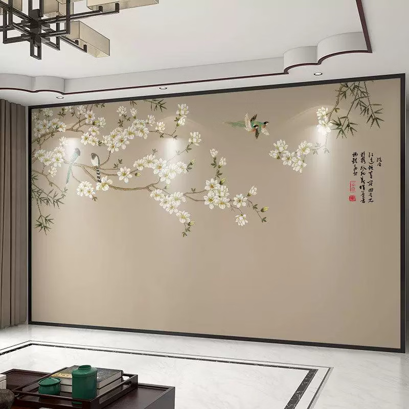 仟梵新中式花鳥墻紙3d立體電視背景墻壁紙客廳墻布臥室壁畫影視墻壁布 無(wú)縫高亮真絲布/平方