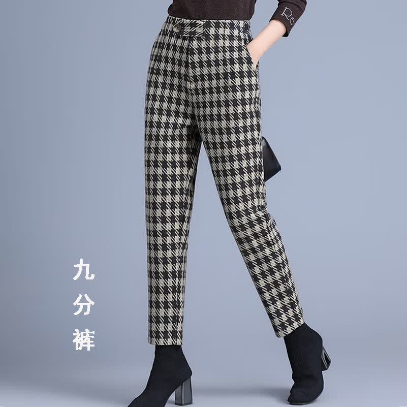 秋冬款毛呢工装裤高腰配的裤子女毛呢格子裤女2022秋冬款宽松直筒哈伦