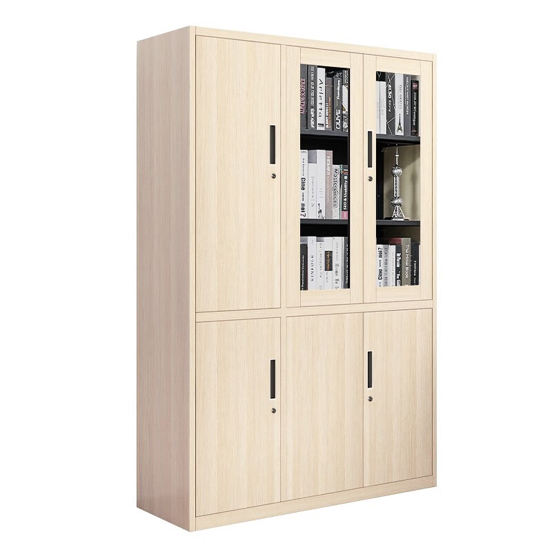 仿实木纹玻璃移门带锁收纳储物柜子矮柜 六门书柜左*高185宽118深40cm