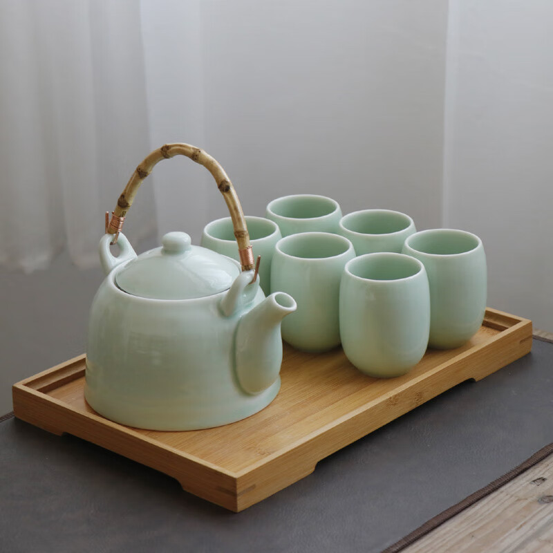 古笙记 青瓷茶具套装家用茶壶茶杯景德镇陶瓷现代简约中式大号提梁壶 青瓷茶具（1壶+6杯+竹托）