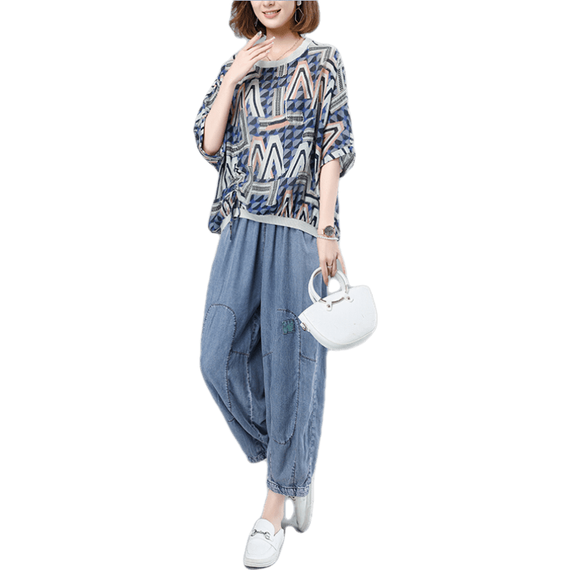 楚馨時(shí)尚休閑套裝女褲子2024新款夏季女裝氣質(zhì)寬松休閑褲女牛仔哈倫褲 藍色 M