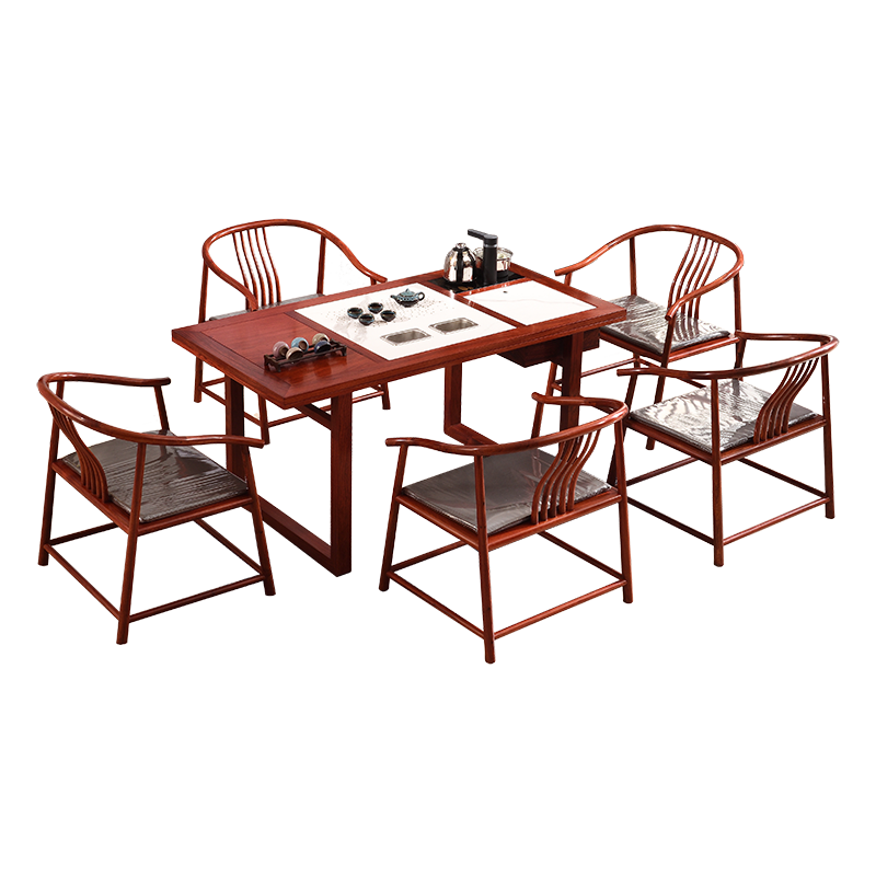 木中央 红木家具 缅甸花梨(学名:大果紫檀)实木茶桌椅组合 中式泡茶台 客厅整装功夫茶几1.6/2米 2米传世茶桌+5圈椅