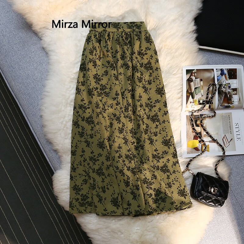 Mirza Mirror秋冬复古小清新高腰半身裙女2022秋装新款植绒气质中长款碎花A字裙 绿色 S