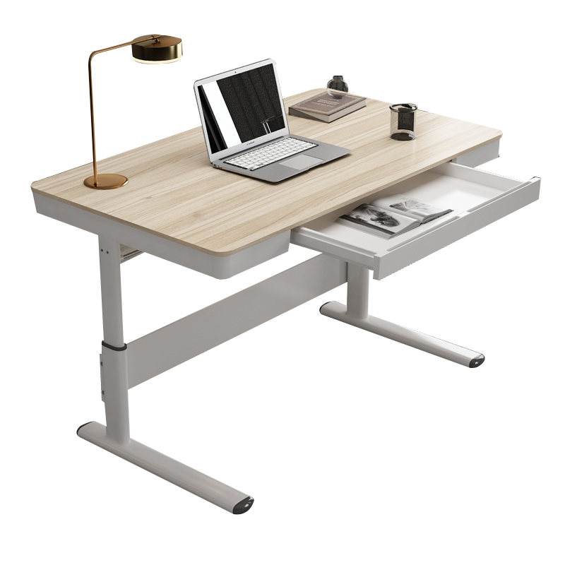 镜立方 升降电脑桌落地学习桌可调节高度钢化玻璃桌 枫木色-带抽屉 长80宽60高61-88cm