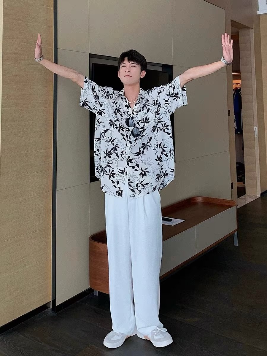 angelgonzales高档夏威夷冰丝短袖衬衫男夏季高级感复古薄款潮牌印花