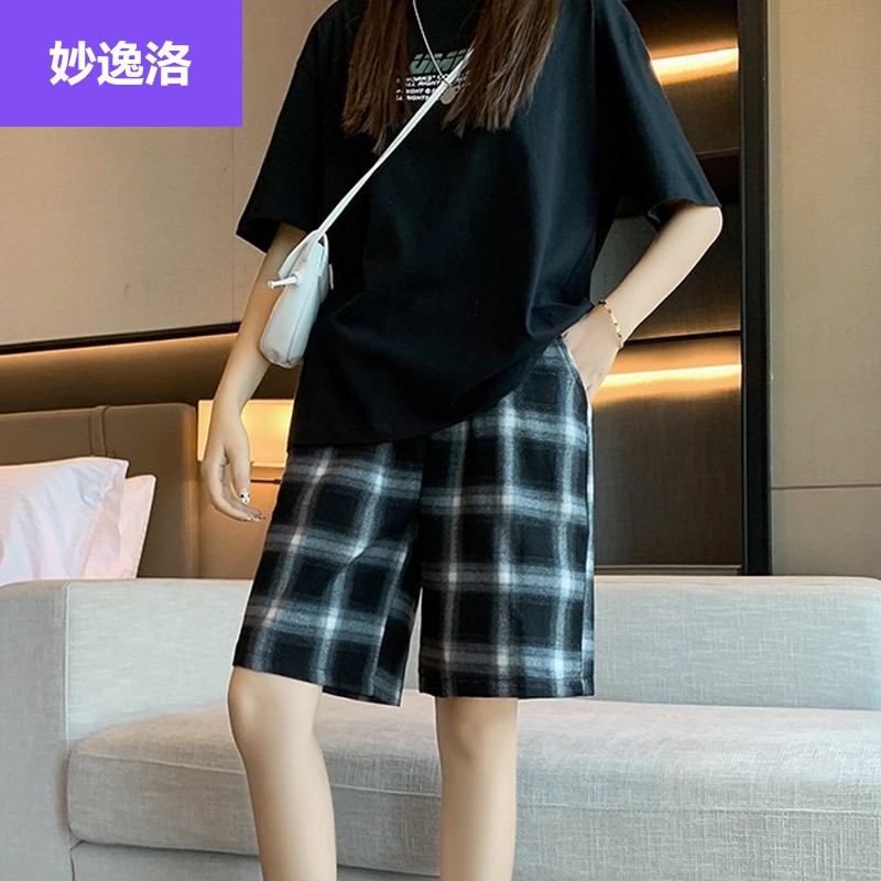 跑步宽松格子五分裤小清新女生穿搭夏天衣服少女中学生初中高中生甜
