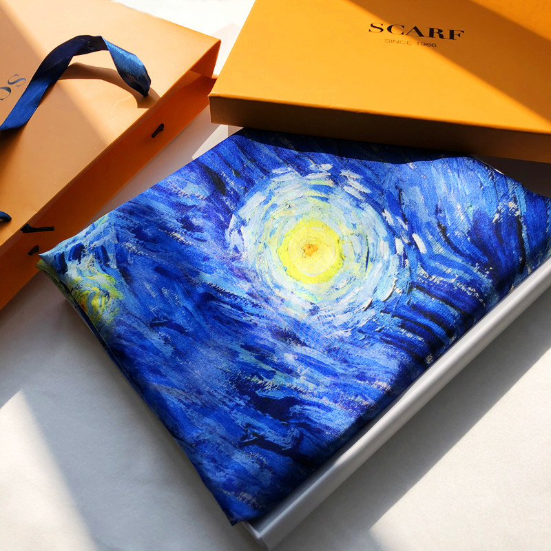欧凡迪 奇幻色彩梵高油画风星月夜重磅真丝围巾女长桑蚕丝丝巾披肩