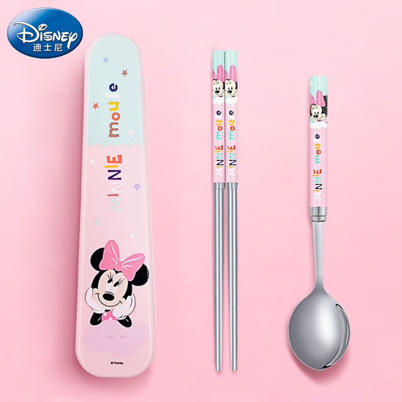 迪士尼（Disney）儿童餐具小学生不锈钢筷勺套装宝宝家用筷子勺子收纳盒三件套