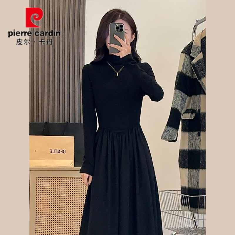 皮尔卡丹（pierre cardin）大·衣内搭连衣裙2025新款小个子赫本风黑色针织女秋冬打底长裙 黑色半高领【深冬装搭配一整套/ S 40/45kg
