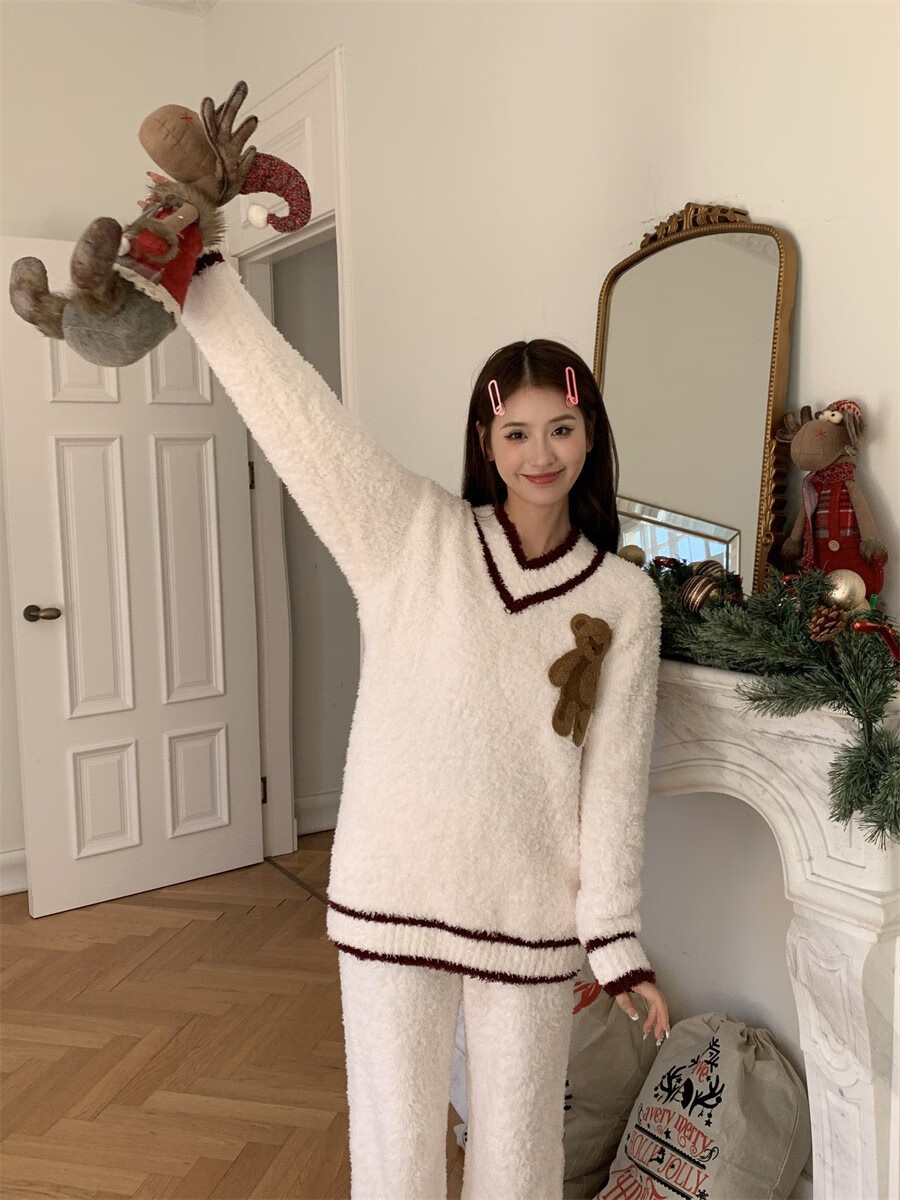 琉凤以爱为营白鹿郑书意睡衣可爱卡通学院风圣诞熊保暖加厚家居服