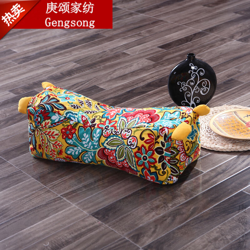 华恒羽家纺 粗布老虎头枕荞麦壳填充颈椎枕枕头 百花黄 小号38*15*