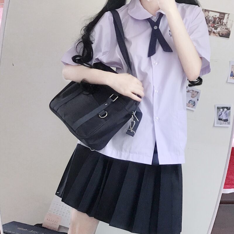 予瑾泰式校服【三件套】泰国校服衬衫套装女夏短袖泰式班服淡紫色衬衣 【套装】淡紫色衬衫+领结+黑色百褶裙 M属于什么档次？