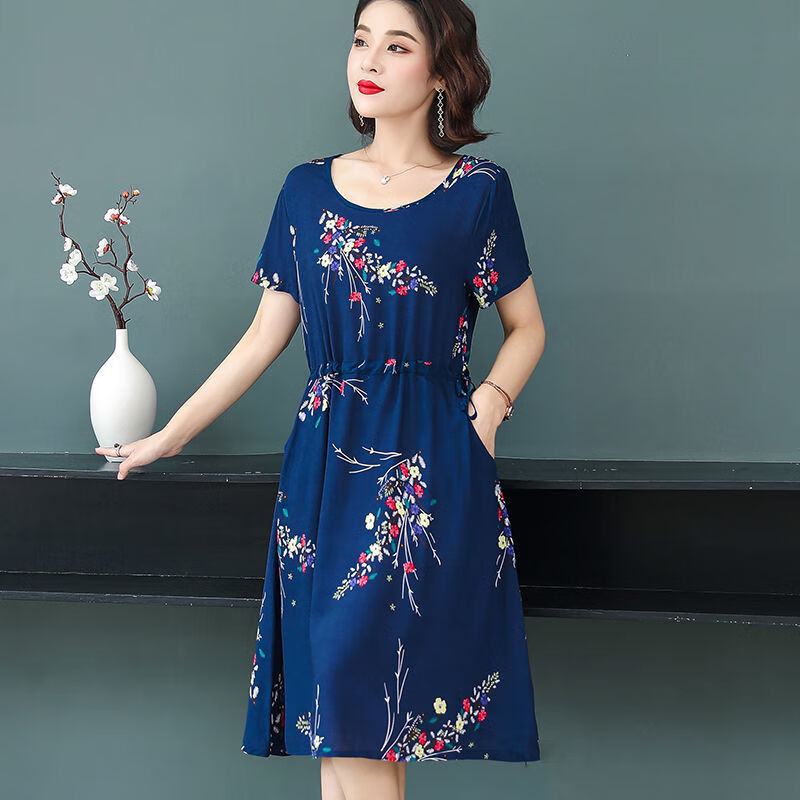 wsng中老女夏装棉绸连衣裙中长款ma妈装短袖大妈碎花裙子 蓝色大花束